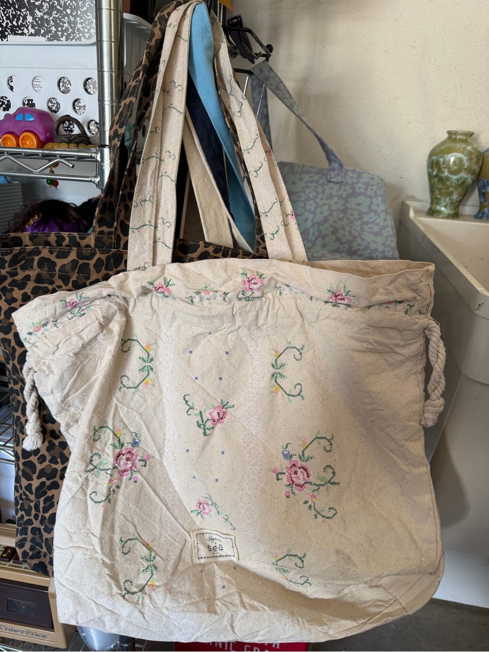 Sezane Embroidered Canvas Tote Bag and Jcrew Leopard Bag